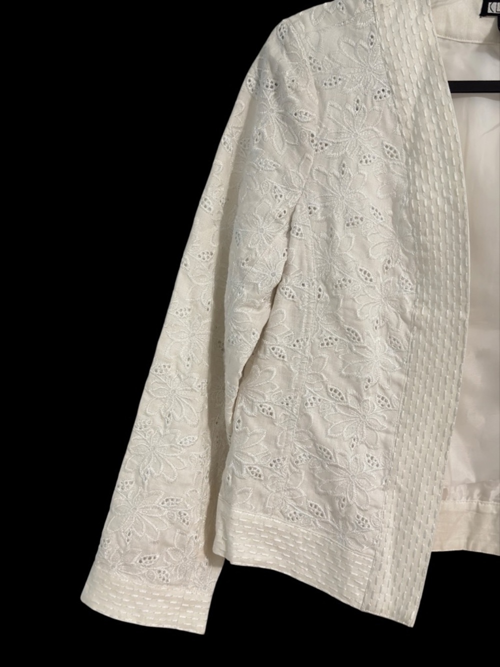 Carole Little Ivory Linen Embroidered Jacket S Open Front Floral Eyelet Blazer - Picture 3 of 10